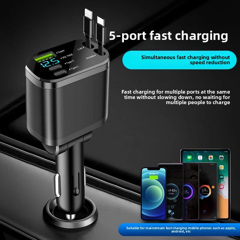 Cargador de Coche 120W con Cable Retráctil y Doble Puerto