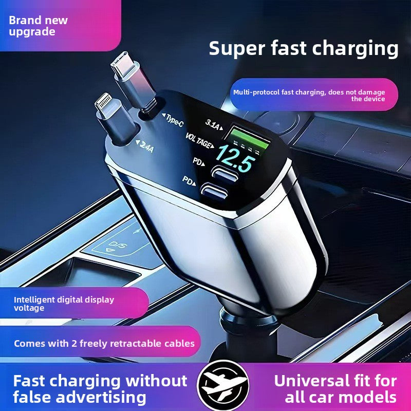 Cargador de Coche 120W con Cable Retráctil y Doble Puerto