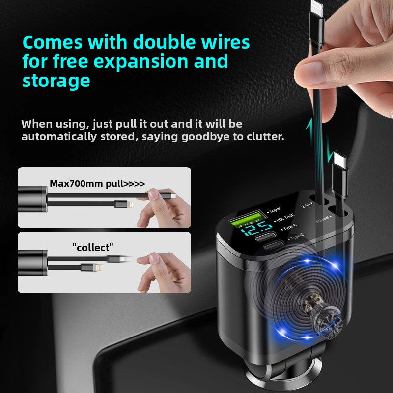 Cargador de Coche 120W con Cable Retráctil y Doble Puerto