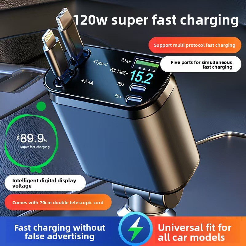Cargador de Coche 120W con Cable Retráctil y Doble Puerto